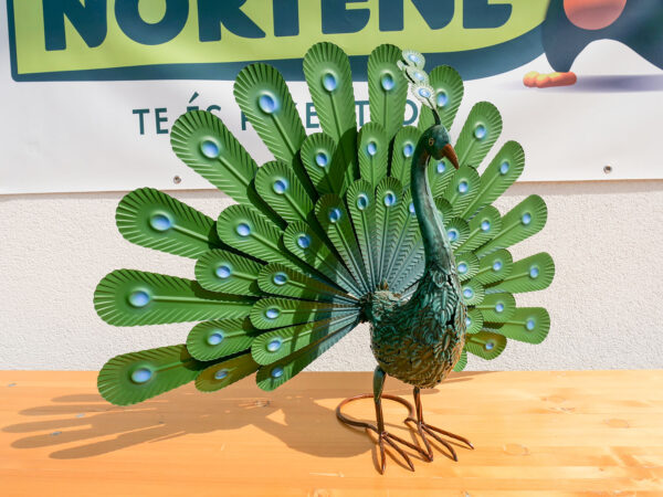 Páva figura, legyezőszerű tollakkal, fém, zöld-Peacock